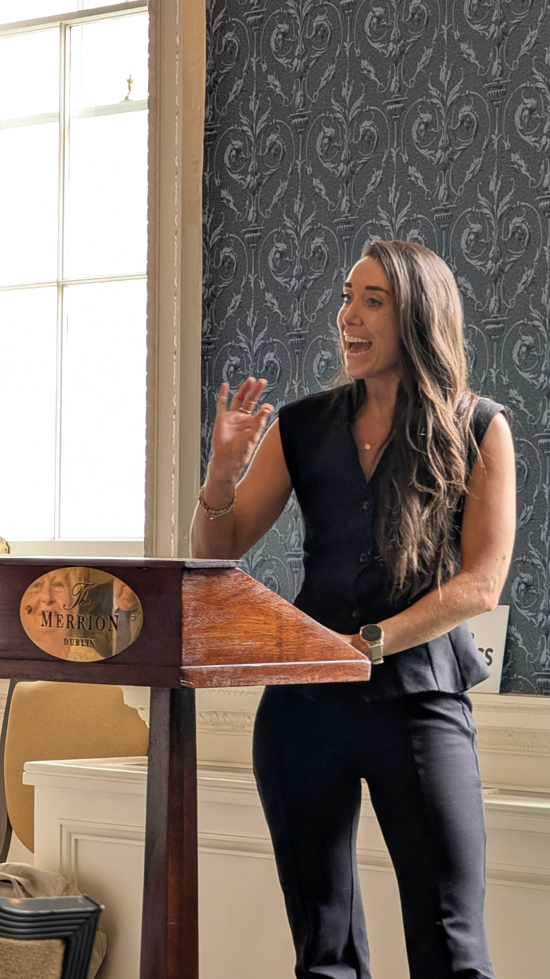 Sarah delivering a keynote at The Merrion, Dublin